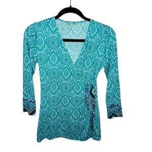 41 HAWTHORN / teal blue floral paisley patterned wrap front blouse / XS